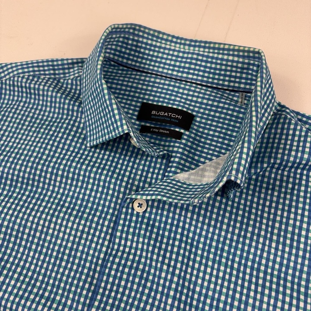 Bugatchi Shirt Mens Large Blue Check OoohCotton Tech Stretch Button Up